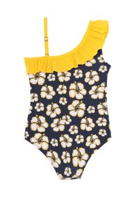 Maillot de bain à une épaule avec volants jaunes, fond marine, motif floral d'hibiscus blanc et jaune. Tissu doux, design extensible.