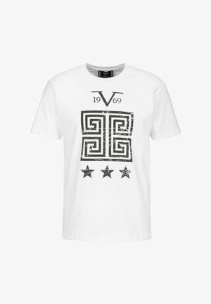 Weißes Baumwoll-T-Shirt mit einem schwarzen Grafikdesign, das ein geometrisches Muster zeigt, dem Text "1969" und drei schwarzen Sternen, die darunter gedruckt sind.