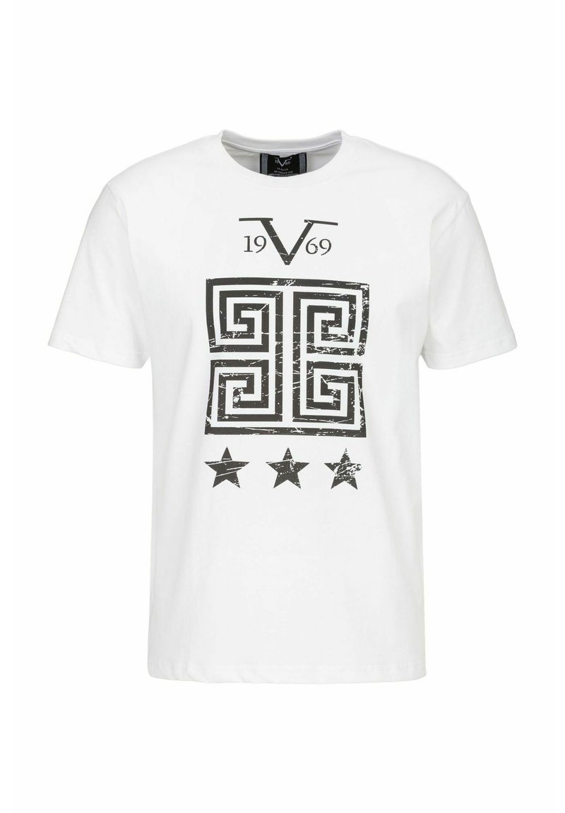 Weißes Baumwoll-T-Shirt mit einem schwarzen Grafikdesign, das ein geometrisches Muster zeigt, dem Text "1969" und drei schwarzen Sternen, die darunter gedruckt sind.