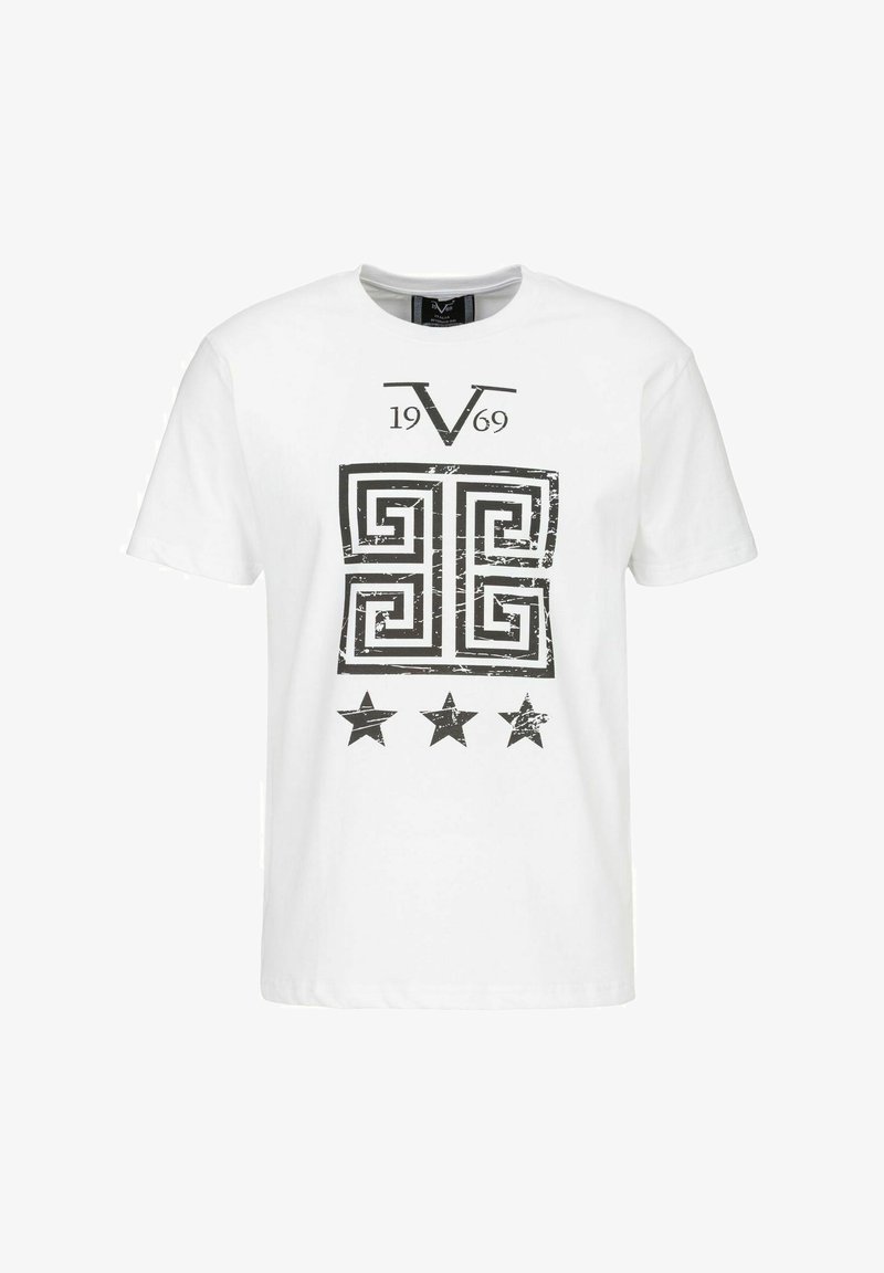 Weißes Baumwoll-T-Shirt mit einem schwarzen Grafikdesign, das ein geometrisches Muster zeigt, dem Text "1969" und drei schwarzen Sternen, die darunter gedruckt sind.