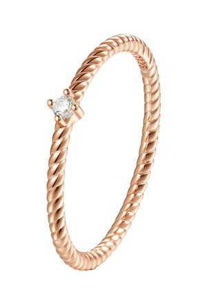 Rose gold twisted band ring featuring a single clear gemstone, showcasing a smooth texture with some reflective accents.