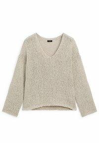 Light beige V-neck sweater with a loose knit texture, long sleeves, and a slightly cropped hem, featuring a relaxed fit and no visible patterns.