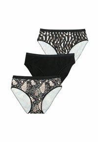 Trois sous-vêtements de style bikini pour femmes en noir uni, en imprimé animal noir et beige, et en motifs abstraits noir et blanc avec des ceintures de marque.