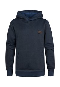 Felpa con cappuccio blu scuro, dotata di un design testurizzato, tasca a marsupio frontale e un piccolo patch logo marrone sul lato sinistro in alto.