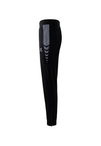 Schwarze Sporthose mit schmal zulaufendem Schnitt, ausgestattet mit grauen seitlichen Akzenten und einer Reißverschlusstasche. Hergestellt aus leichtem, atmungsaktivem Material.