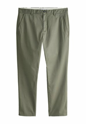 Olivinvihreät slim fit -housut, joissa napitus, vyölenkit ja etutaskut, esitettynä litteänä valkoisella taustalla.