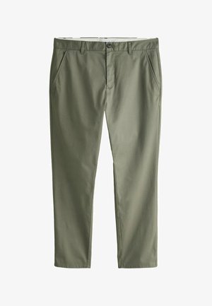 Olivové slim fit nohavice so zapínaním na gombíky, pútkami na opasok a prednými šikmými vreckami, zobrazené na bielom pozadí.