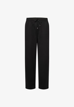 Mustat rennot housut, joissa nyörikiristys vyötäröllä ja suorat lahkeet, valkoisella taustalla.