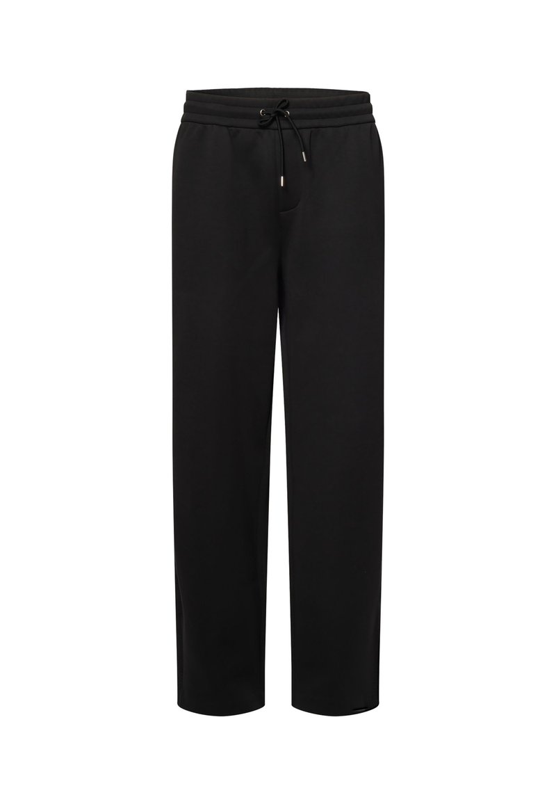 Pantalones casual negros con cintura de cordón y piernas rectas, mostrados sobre un fondo blanco.