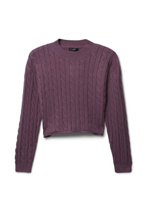 Lila, kabelgestrickter, kurzer Pullover mit Rundhalsausschnitt und langen Ärmeln, der durchgehende erhabene Texturen im gesamten Stoff aufweist.