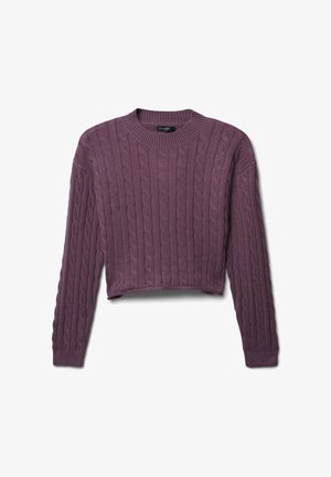 Purple cable-knit cropped sweater with a round neck and long sleeves, featuring raised textures throughout the fabric.