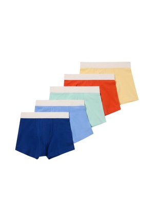 Viisi paria miesten bokserialushousuja väreissä sininen, vaaleansininen, mintunvihreä, punainen ja keltainen, jokaisessa valkoinen joustava vyötärönauha.