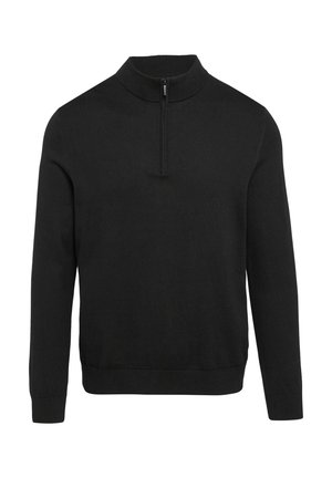 Black pullover sweater with a high collar and a half-length zipper. Made of a smooth, textured fabric and features long sleeves.