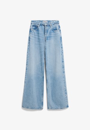 Helle blaue, weit geschnittene Jeans aus Denim mit hoher Taille, vier Taschen und einer subtilen Verlaufstextur.