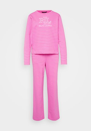 Set di pigiama a righe rosa composto da una maglia a maniche lunghe e pantaloni dalla vestibilità comoda, realizzato in materiale morbido, con logo "RLL" sulla parte superiore.
