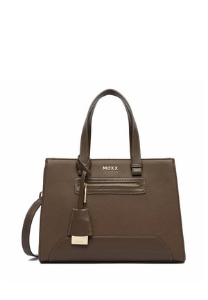 Braune Lederhandtasche mit zwei Griffen, Front-Reißverschlusstasche und goldfarbenem Mexx-Logo sowie Reißverschlussanhänger.
