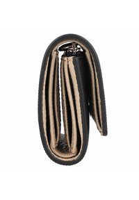 Portefeuille noir avec une finition texturée, featuring des coutures crème, plusieurs emplacements pour cartes et un fermoir métallique à pression. Design compact et épuré.