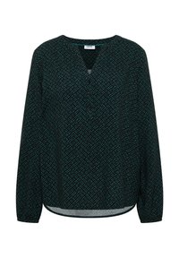 Dunkelgrün blouse mit V-Ausschnitt, langen Ärmeln und einem geometrischen Muster in hellgrün. Hat Knöpfe am Ausschnitt und einen abgerundeten Saum.