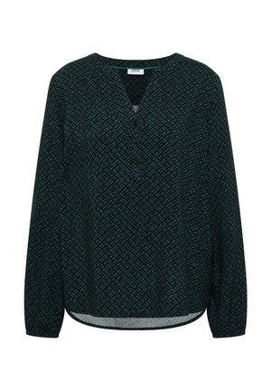 Dunkelgrün blouse mit V-Ausschnitt, langen Ärmeln und einem geometrischen Muster in hellgrün. Hat Knöpfe am Ausschnitt und einen abgerundeten Saum.