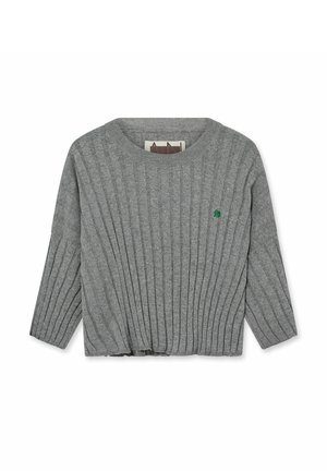 Siv sivasto pleten pulover z dolgimi rokavi in majhnim zelenim vezenim logotipom na levi strani prsnega koša, položen na ravno belo ozadje.