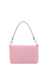 Rosa Wildleder-Handtasche mit rechteckiger Form, einem einzelnen Schulterriemen, goldenen Hardware-Akzenten und einer glatten Textur.