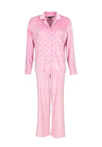 Conjunto de pijama rosa hecho de material suave, que incluye una camiseta de botones de manga larga con un bolsillo y pantalones a juego, ambos adornados con corazones blancos.