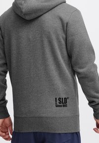 Sudadera gris hecha de tejido suave, con capucha, puños acanalados y un logo con el texto "! SLD Desde 1993" en negro en la parte baja de la espalda.