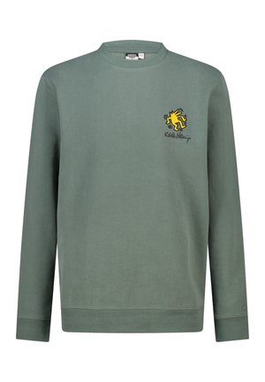 Green long-sleeve sweatshirt made of soft cotton. Features a yellow graphic design on the left chest and ribbed cuffs and neckline.