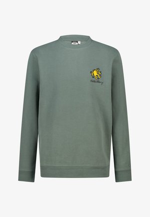 Green long-sleeve sweatshirt made of soft cotton. Features a yellow graphic design on the left chest and ribbed cuffs and neckline.