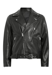 Zwarte leren motorjack met meerdere zilveren ritssluitingen, een riem in de taille en brede revers. Gladde textuur met een slim fit ontwerp.