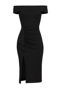 Černé off-shoulder bodycon šaty s detailem v podobě volánů na boku a předním rozparkem, délka ke kolenům, přiléhavý silueta.