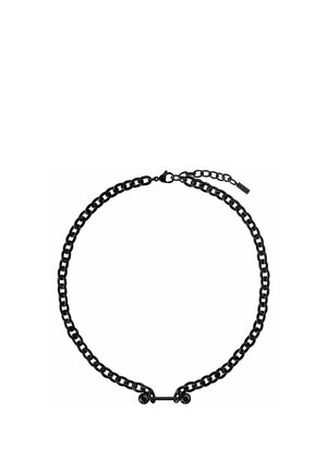 Schwarze Metallkette mit ovalen Gliedern und einem in der Mitte angebrachten Charme in Form einer Hantel, ausgestattet mit einem verstellbaren Verschluss.