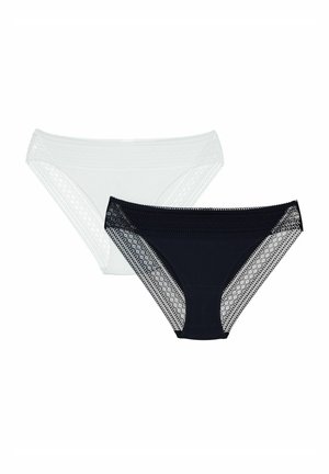Two pairs of women's panties: one white and one black, each featuring lace detailing along the sides. Soft fabric, mid-rise design.