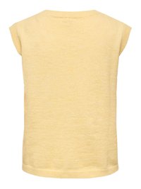 Brezrokavnik iz mehke rumene pletenine z rebrastim okroglim izrezom in robom, prikazan od zadaj.