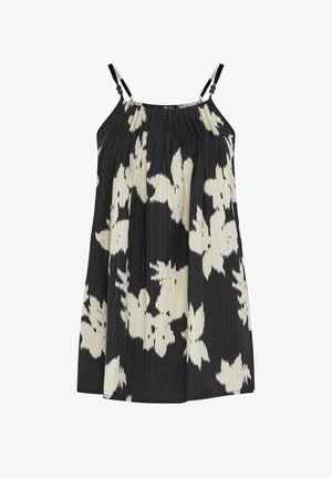 Vestito senza maniche bianco e nero con sottili spalline regolabili e una vestibilità ampia e plissettata con un motivo astratto floreale.