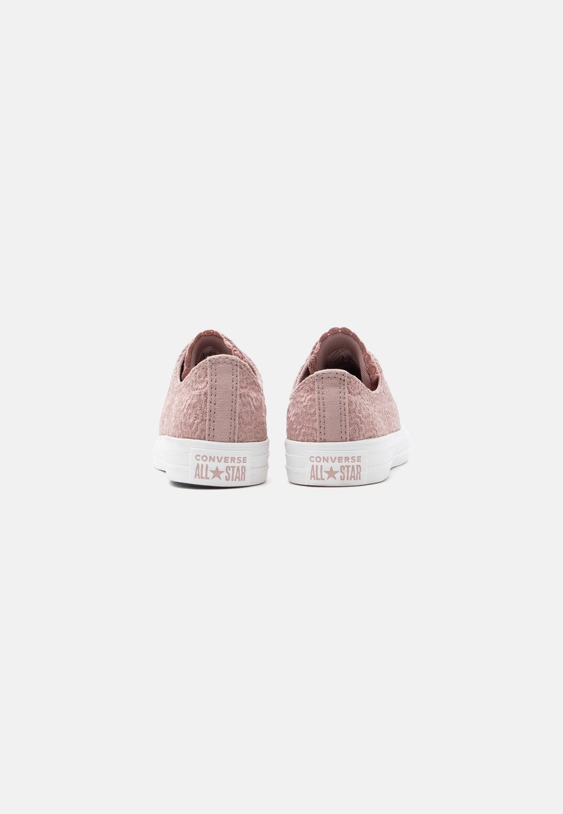 Paar staubrosa Converse All Star Sneakers in niedrigem Schnitt mit strukturiertem Stoff, von hinten auf weißem Hintergrund betrachtet.