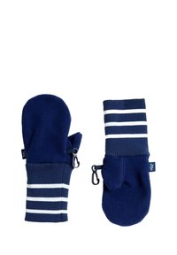 Moufles en polaire bleu marine avec des poignets tricotés rayés, un trou pour le pouce et des attaches pour un attachement facile. Texture douce et design confortable.
