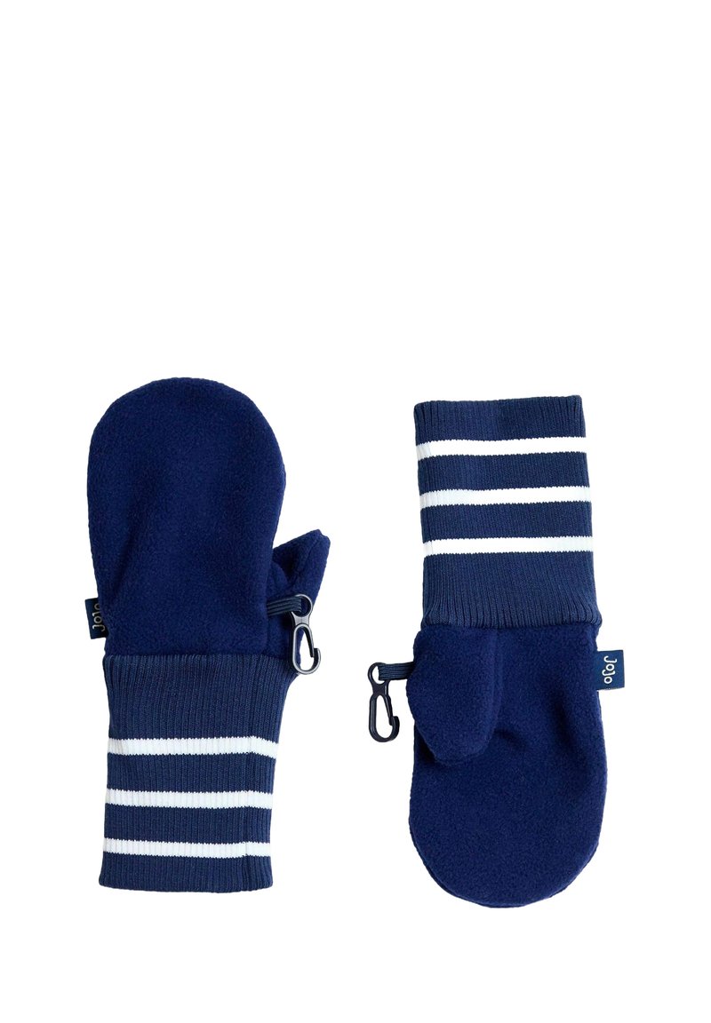 Marineblauwe fleecewanten met gestreepte gebreide manchetten, een duimopening en clipsluiting voor gemakkelijke bevestiging. Zachte textuur en comfortabele ontwerp.