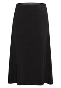 Černá sukně do kolen vyrobená z lehké, strukturované látky s elastickým páskem a jednoduchou siluetou ve tvaru A. Bez viditelných vzorů.