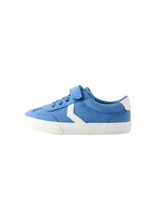 Blue children's sneaker with white sole, white chevron detail, laces, and a Velcro strap on a white background.