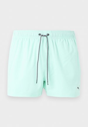 Hellblaue Herren-Badeshorts mit elastischem Bund, schwarz-weißem Kordelzug und kleinem schwarzem Puma-Logo am linken Bein.