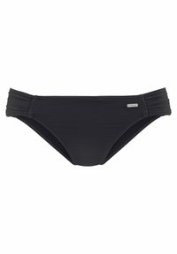 Schwarzer Bikini-Hintern aus strukturiertem, geripptem Stoff, mit mittelhohem Bund und seitlichen Raffungselementen. Mit einem kleinen Metall-Logo-Akzent.