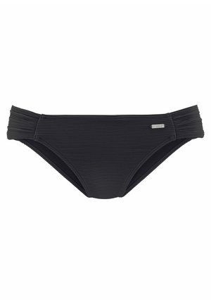 Zwarte bikini onderkant van gestructureerde geribbelde stof, met een middenhoog taille en details van zijkruising. Bevat een klein metalen logo accent.