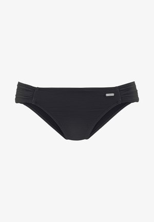 Zwarte bikini onderkant van gestructureerde geribbelde stof, met een middenhoog taille en details van zijkruising. Bevat een klein metalen logo accent.