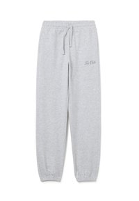 Hellgraue Sweatpants mit einem elastischen Bund, Kordelzug und elastischen Bündchen; verfügt über dezenten "Too Cute"-Text an der Seite.