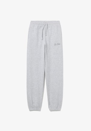 Hellgraue Sweatpants mit einem elastischen Bund, Kordelzug und elastischen Bündchen; verfügt über dezenten "Too Cute"-Text an der Seite.