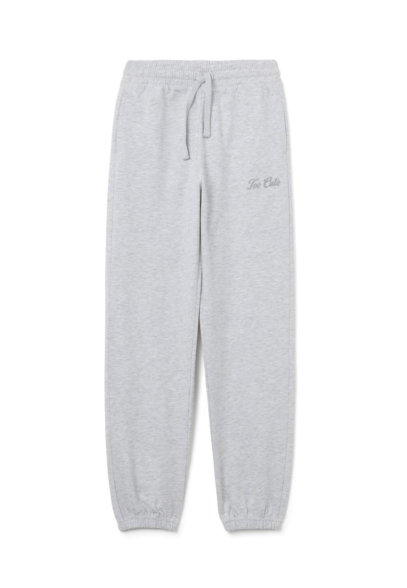 Hellgraue Sweatpants mit einem elastischen Bund, Kordelzug und elastischen Bündchen; verfügt über dezenten "Too Cute"-Text an der Seite.