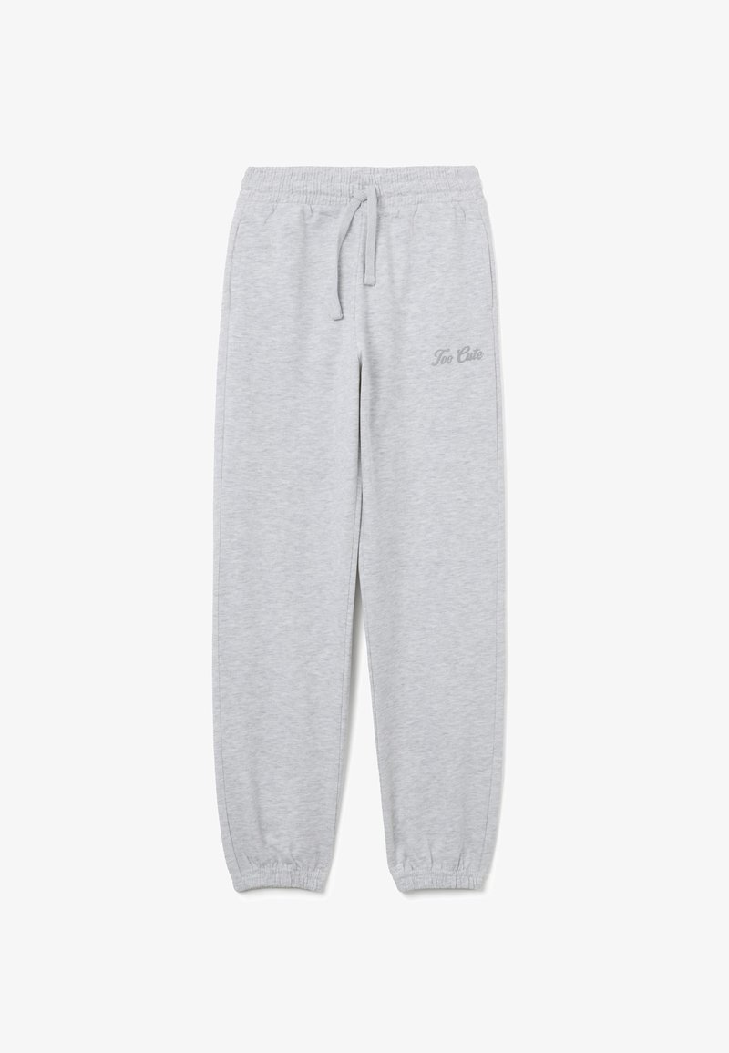 Hellgraue Sweatpants mit einem elastischen Bund, Kordelzug und elastischen Bündchen; verfügt über dezenten "Too Cute"-Text an der Seite.