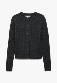 Cardigan de punto trenzado en gris oscuro con mangas largas y seis botones frontales, que presenta un escote redondo y puños y dobladillo de canalé.