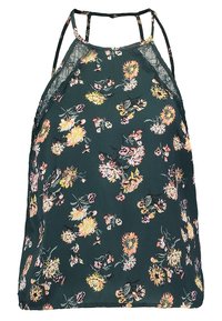 Blomstrig linne med grön bakgrund. Har ljusa gula och rosa blommor, smala axelband och spetsdetaljer längs halsringningen.